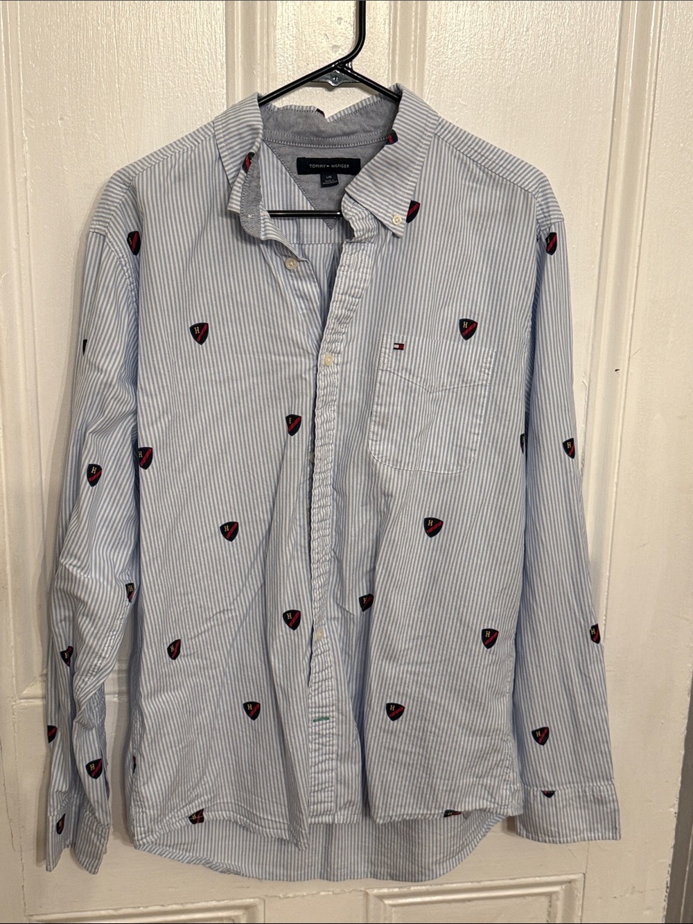 Tommy Hilfiger Light Blue & White Striped Shield-Embroidered Button-Down Shirt